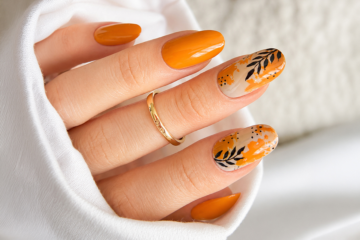 Letni pomarańczowy manicure na owalnych paznokciach